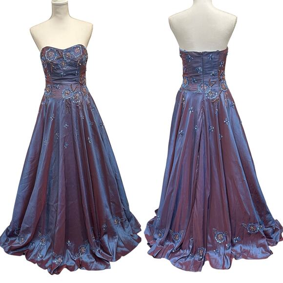 Nina Canacci Vtg Y2K Strapless Purple Blue Iridescent Beaded Sequin Ball Gown - Picture 1 of 16